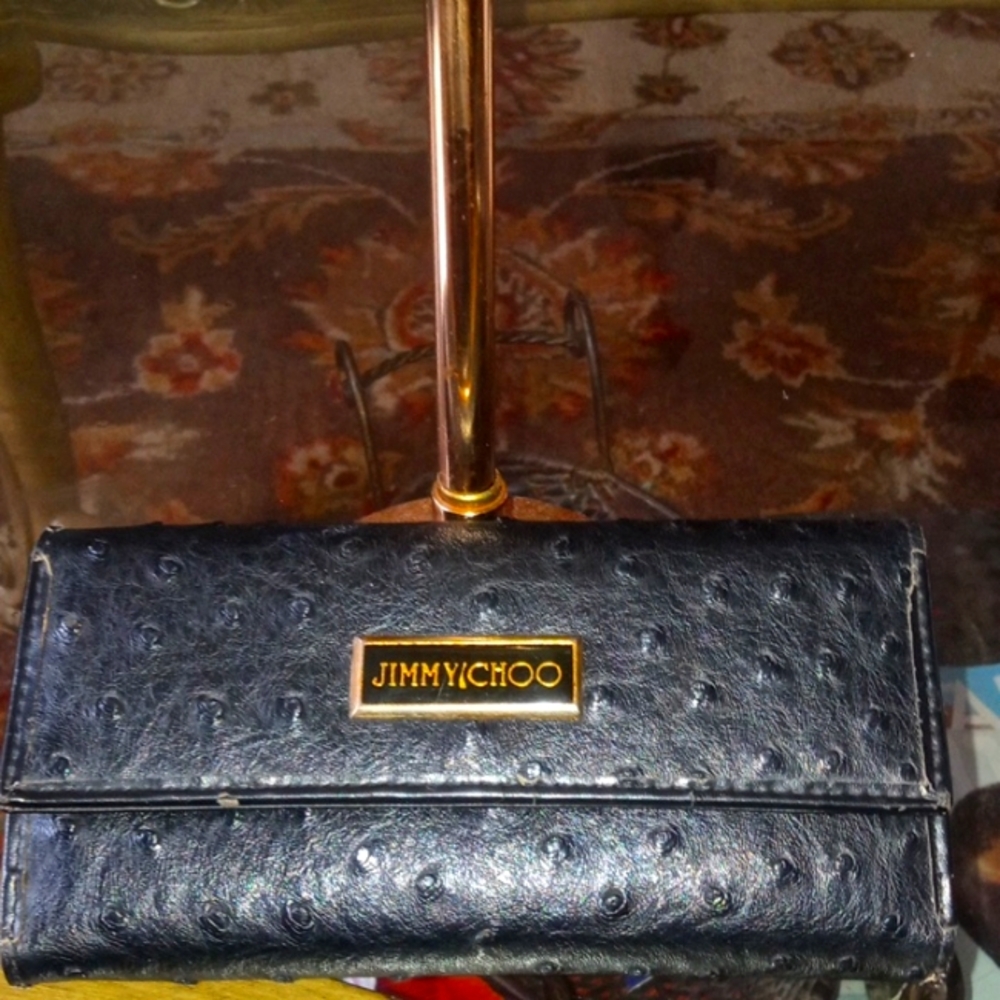 Jimmy Choo Black Ostrich Leather Wallet